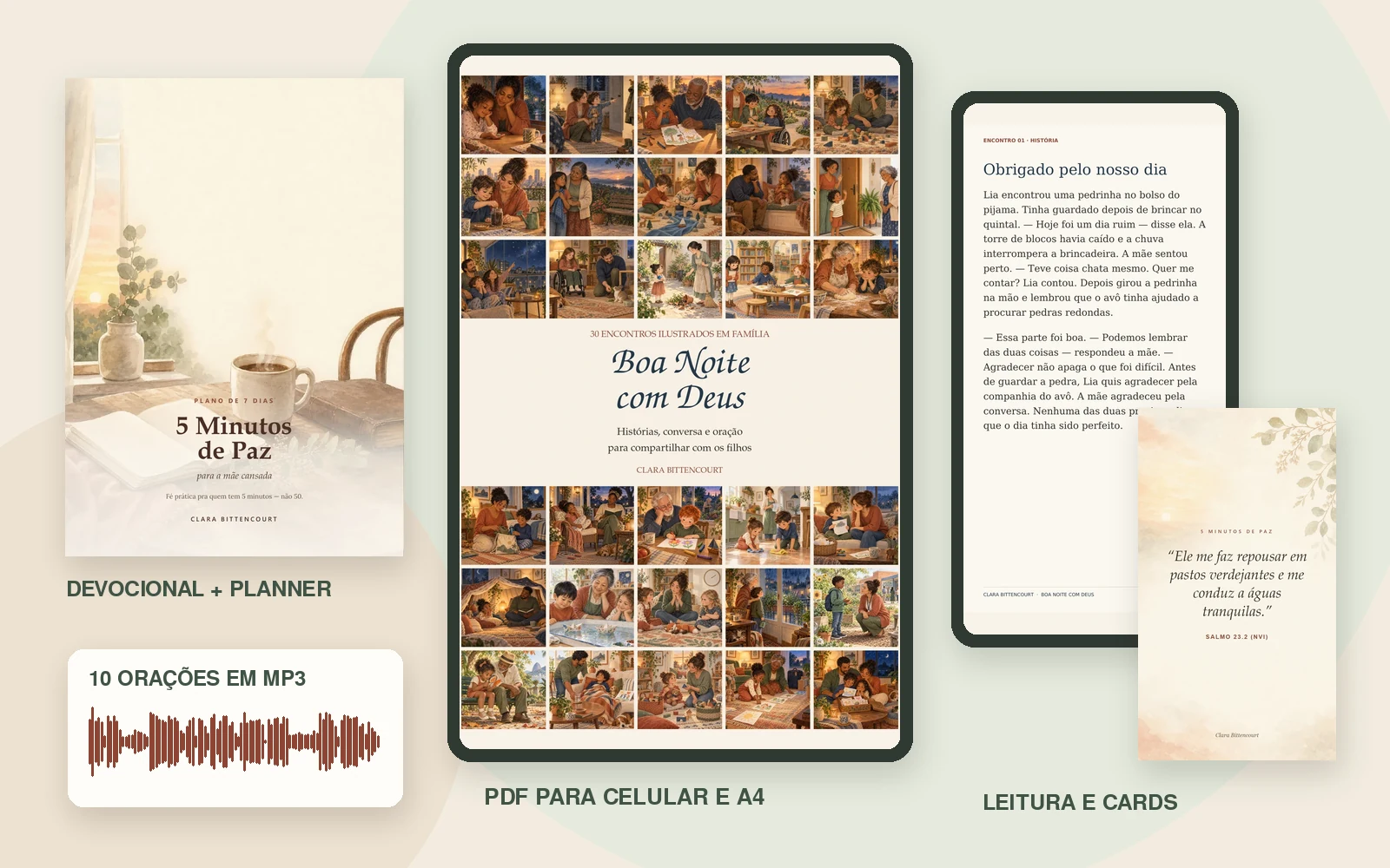 Composição digital do Kit: PDF do planner, Boa Noite com Deus em tela, página de leitura, card e dez orações em MP3